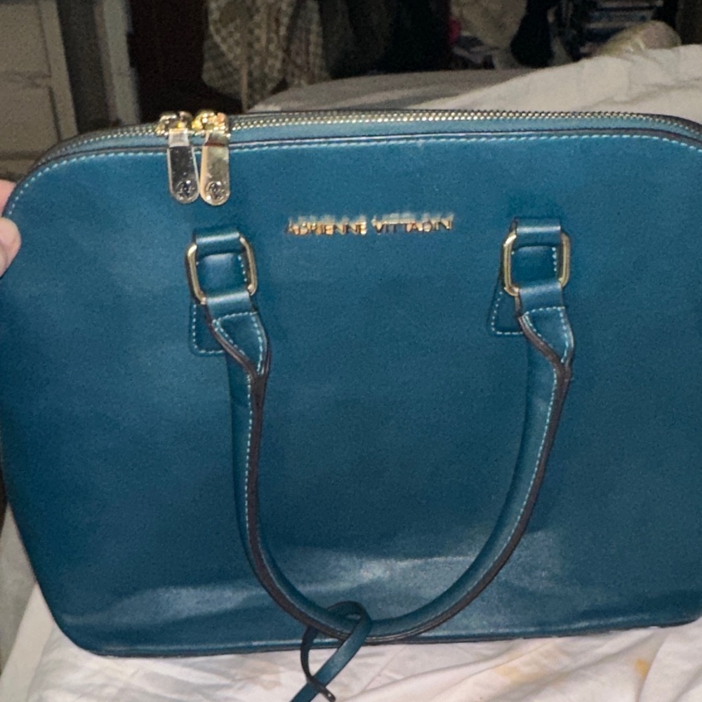 Adrienne Vittadini teal leather satchel gold accents charm and feet like new - Picture 16 of 16